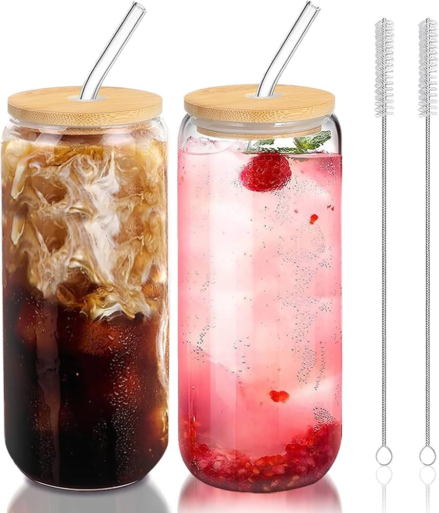 20 Oz Glass Cups with Lids and Straws 2Pcs,Glass Iced Coffee Cups,20 Oz Glass Tumbler with Bamboo... | Amazon (US)