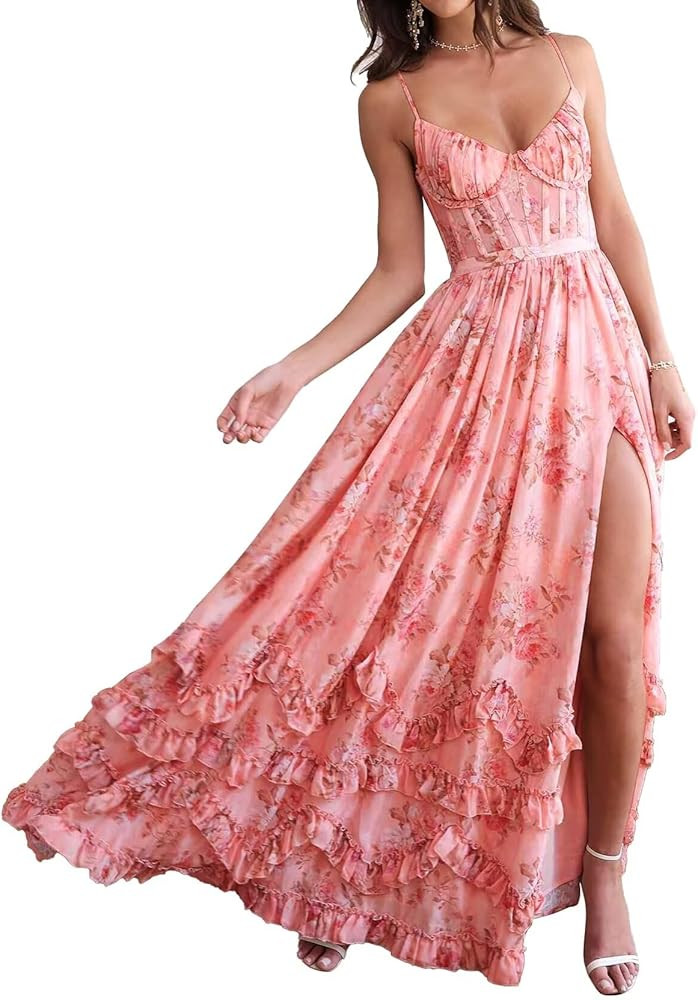 Bridesmaid Dresses for Women Chiffon Floral Print Ruffle Long Spaghetti Straps Formal Evening Party Gown | Amazon (US)
