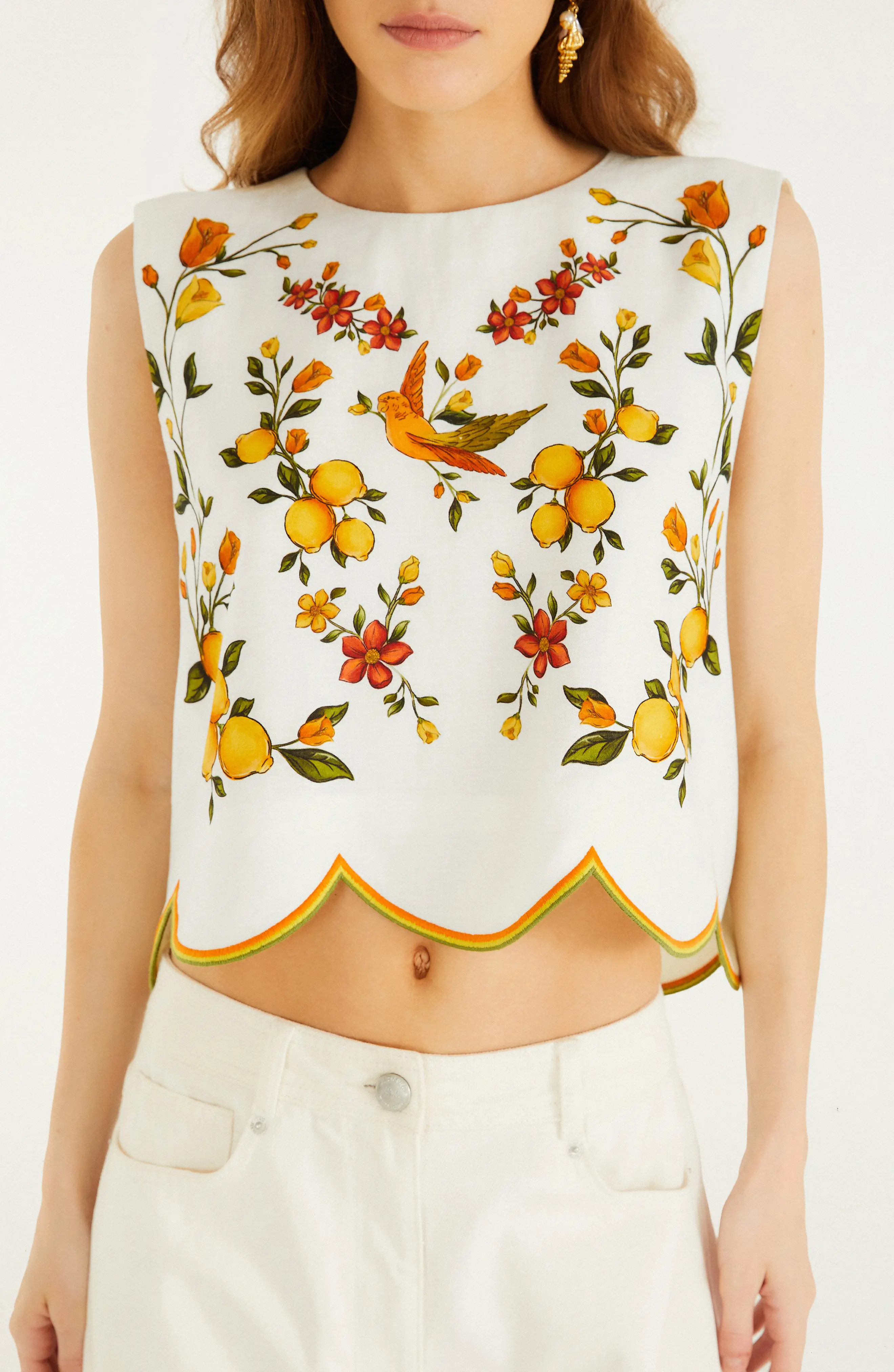 FARM Rio Lemon Bouquet Floral Linen Blend Crop Top in Lemon Bouquet Off-White at Nordstrom, Size X-Small | Nordstrom