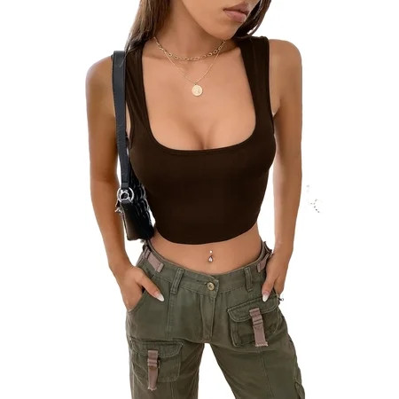 Casual Solid Square Neck Crop Tank Top Chocolate Brown Women s Tank Tops & Camis (Women s) | Walmart (US)