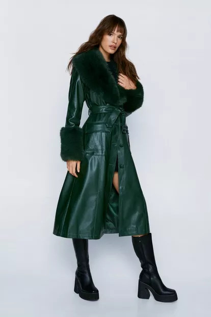 Fur Trim Belted Faux Leather Coat | Nasty Gal (US)