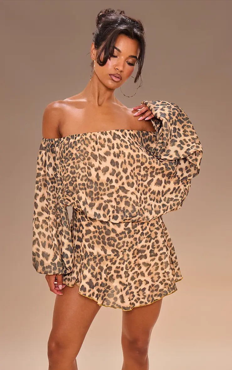 Leopard Chiffon One Shoulder Floaty Detail  Skort Playsuit | PrettyLittleThing US
