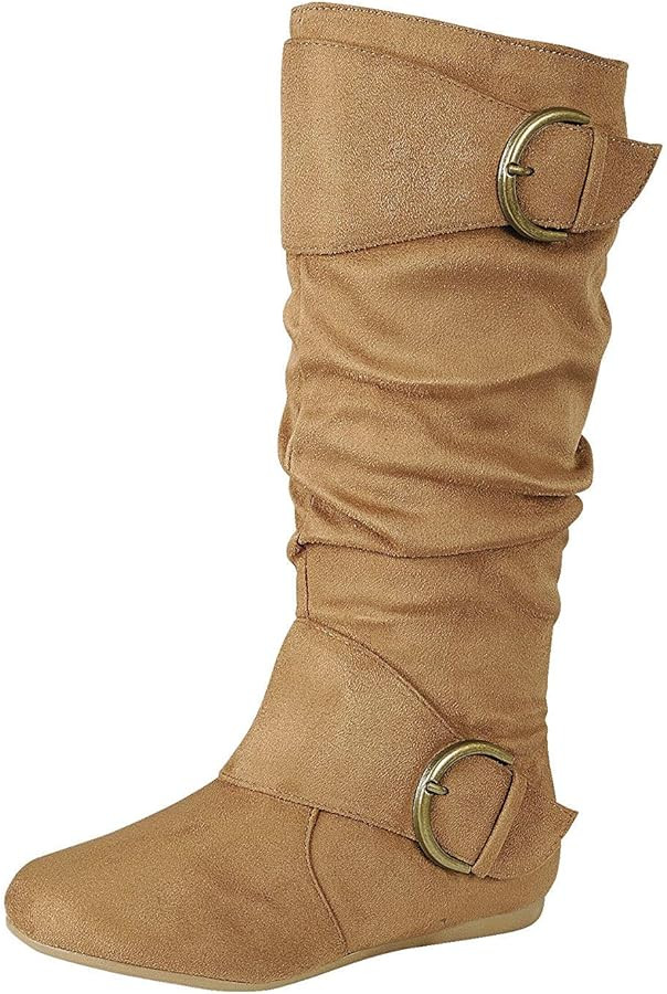 Forever Link Women's Klein-70 Closed Round Toe Buckle Slouch Flat Heel Mid-Calf Boot | Amazon (US)
