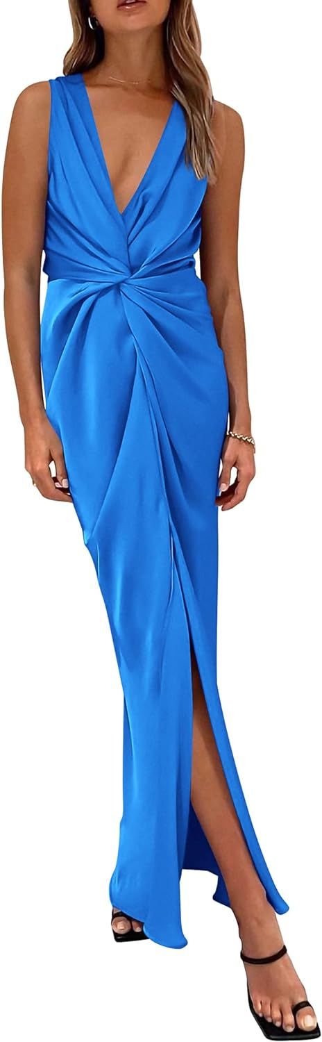 PRETTYGARDEN Women's Satin Ruched Bodycon Dress Summer 2023 Twist Front V Neck Sleeveless Split M... | Amazon (US)