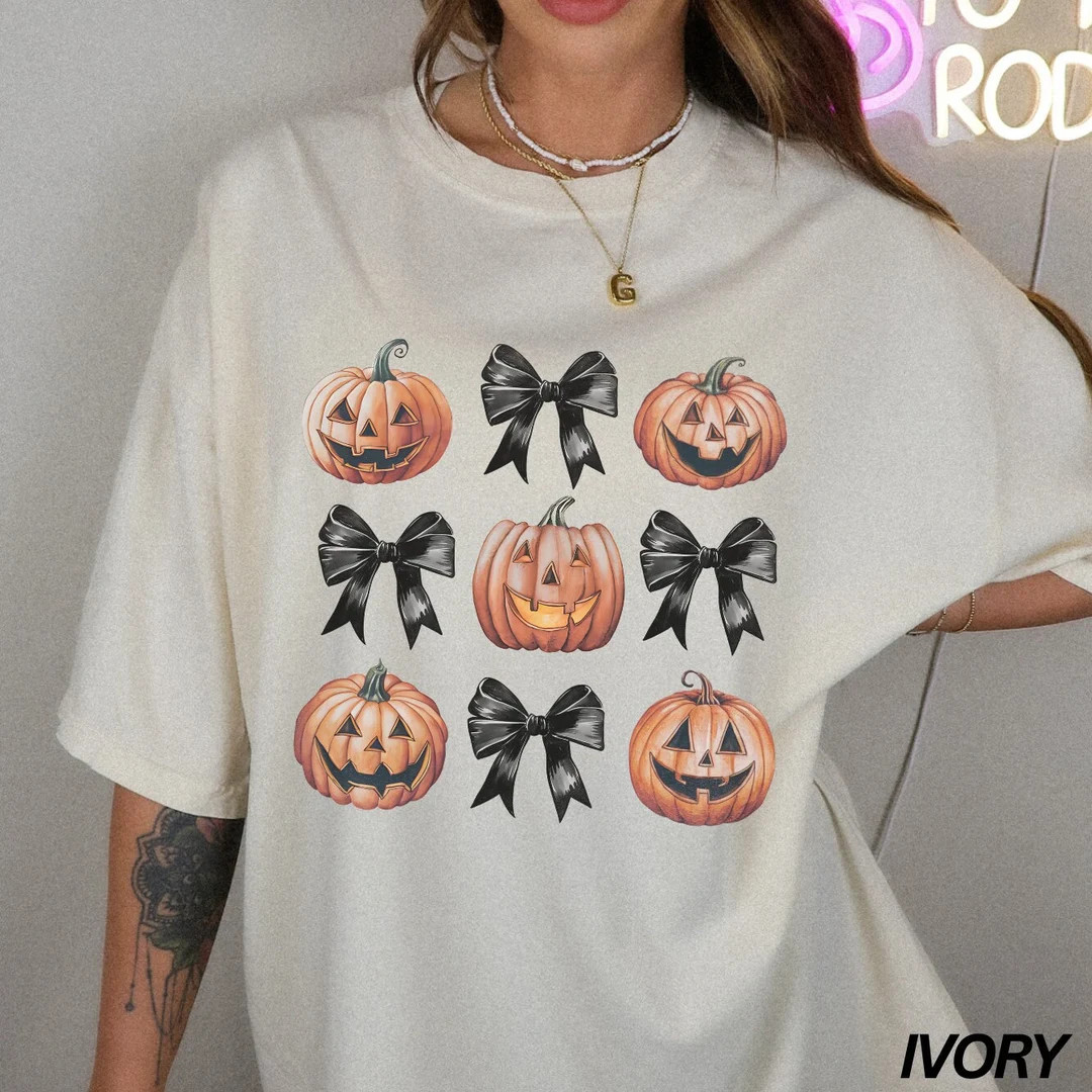Halloween Shirt, Coquette Halloween, Pumpkin Shirt, Retro Halloween Tee, Fall Shirt, Black Bow Sh... | Etsy (US)