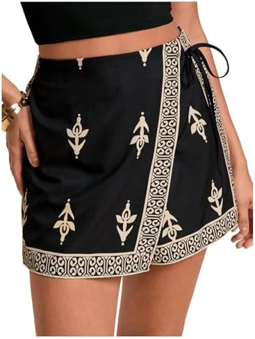 RoseSeek Women's Floral Graphic Skirt Shorts Drawstring Waist Tropical Boho Wrap Skorts | Amazon (US)