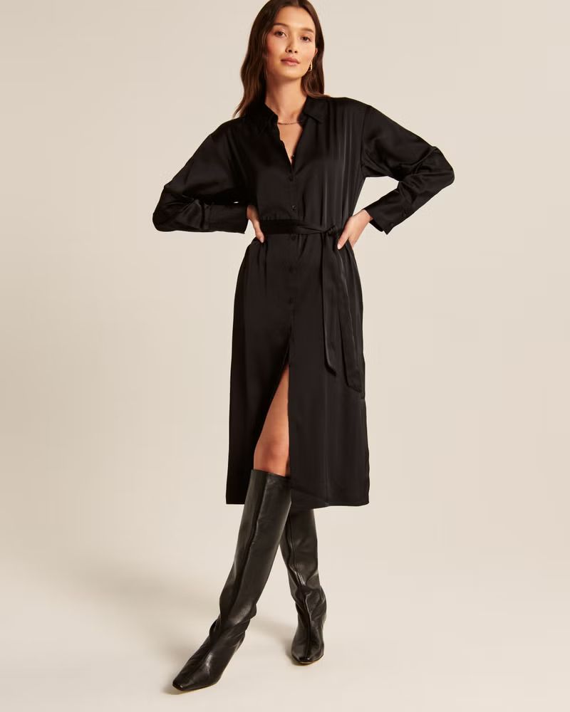 Long-Sleeve Satin Midi Shirt Dress | Abercrombie & Fitch (US)