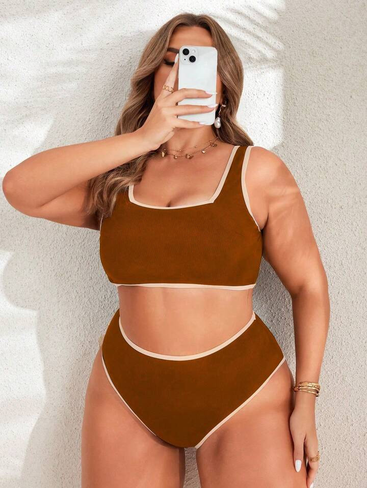 Swim SPRTY 2pcs Plus Size Women's Fashion Edged Spaghetti Strap Tankini Swimsuit | SHEIN