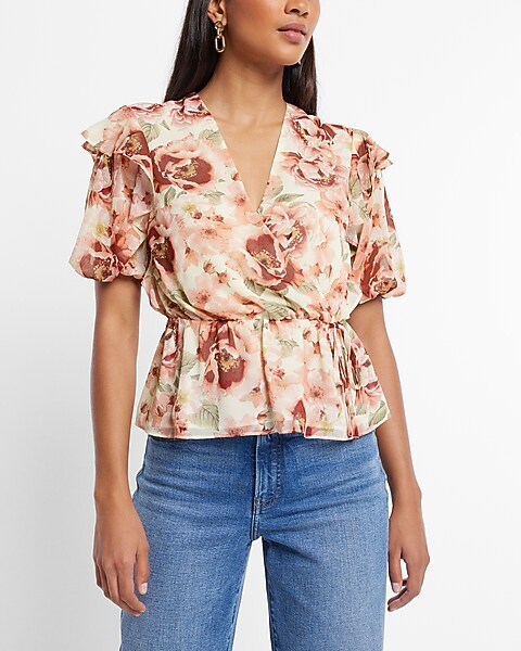 Floral Faux-Wrap Puff Sleeve Peplum Top | Express