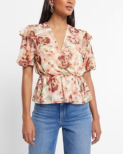 Floral V-Neck Puff Sleeve Surplice Blouse | Express