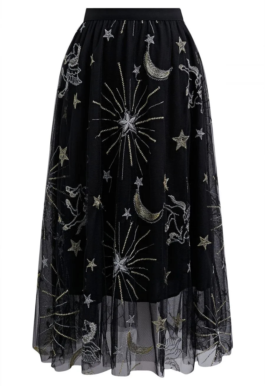 Mysterious Night Moon and Star Embroidered Mesh Tulle Skirt in Black | Chicwish