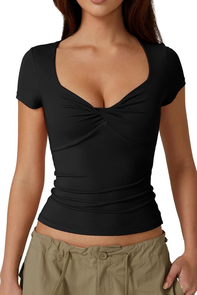 QINSEN Women's Sexy Twist Front V Neck T Shirts Double Lined Short Sleeve Slim Fit Crop Top Trend... | Amazon (US)