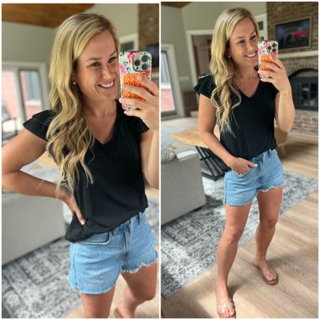 V-neck tee with ruffle sleeves, yes please! Love a basic tee with a smidge of extra details! Pair with denim shorts and you’re set! Summer outfit sandals 

#LTKSeasonal #LTKFind #LTKstyletip