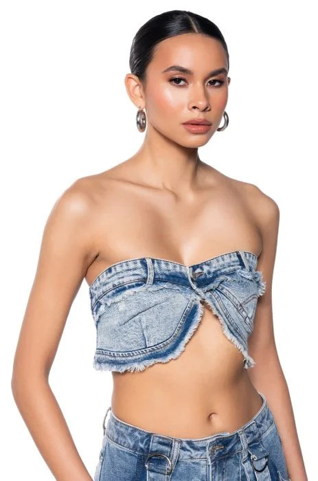 WORTH IT FRAYED DENIM BANDEAU TOP in light blue denim | AKIRA