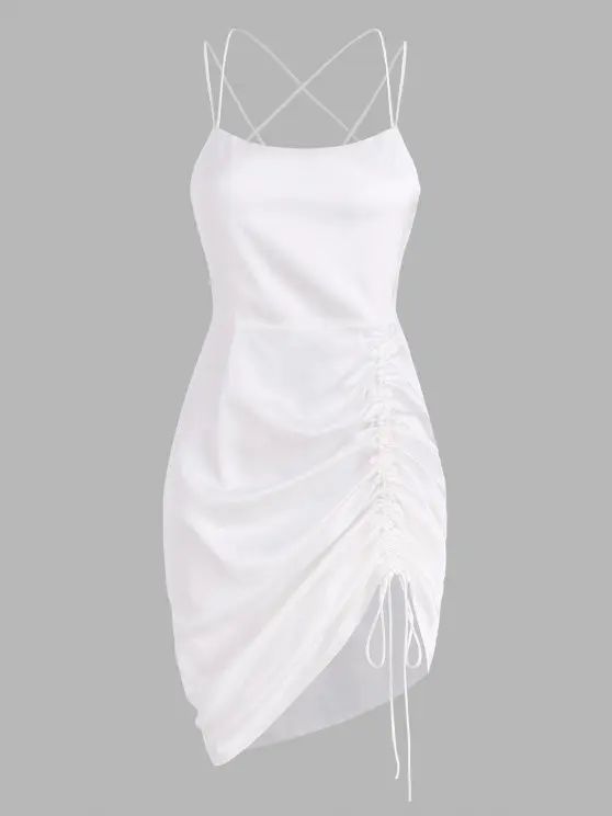 Silky Satin Cinched Ruched Crisscross Backless Slinky Dress   WHITE | ZAFUL (Global)