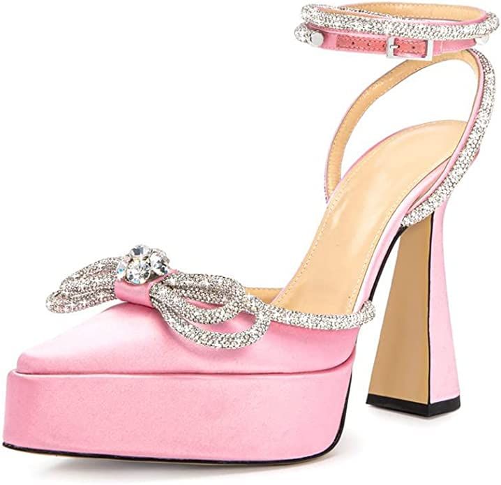 Arqa Diamond Strappy Pumps Rhinestones Double Bow Platform Heels Chunky Heel PVC Wedding Sandals | Amazon (US)