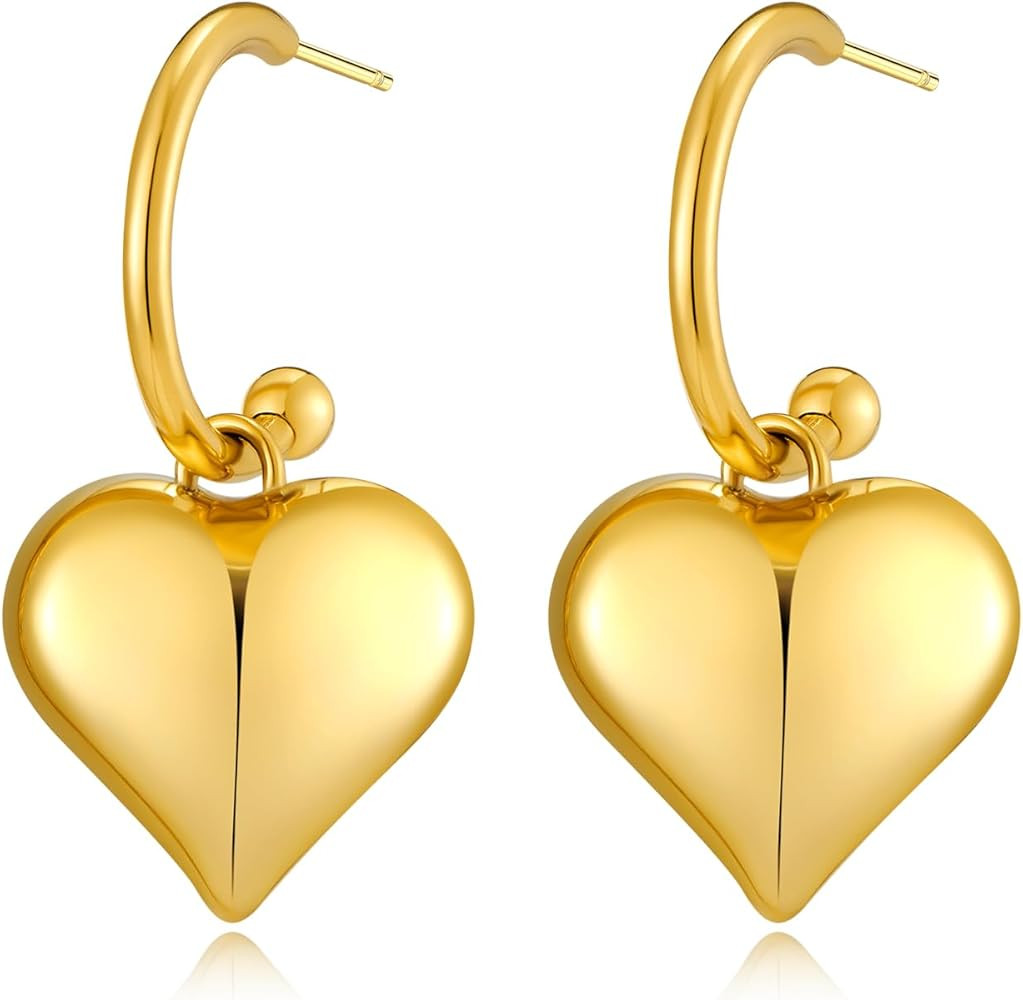 Gold Heart Earrings for Women Gold Heart Earrings Trendy Statement Heart Shaped Earrings Valentin... | Amazon (US)