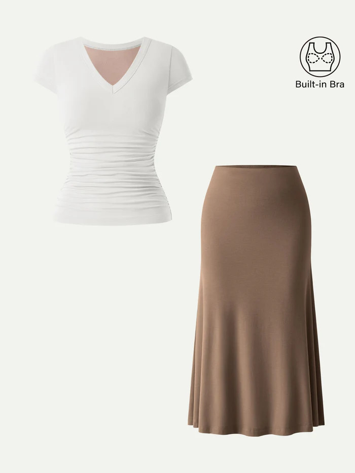 2Pcs Set V-neck Cap Sleeve Bra Tee & Pull-on Mermaid Midi Skirt | OGLmove