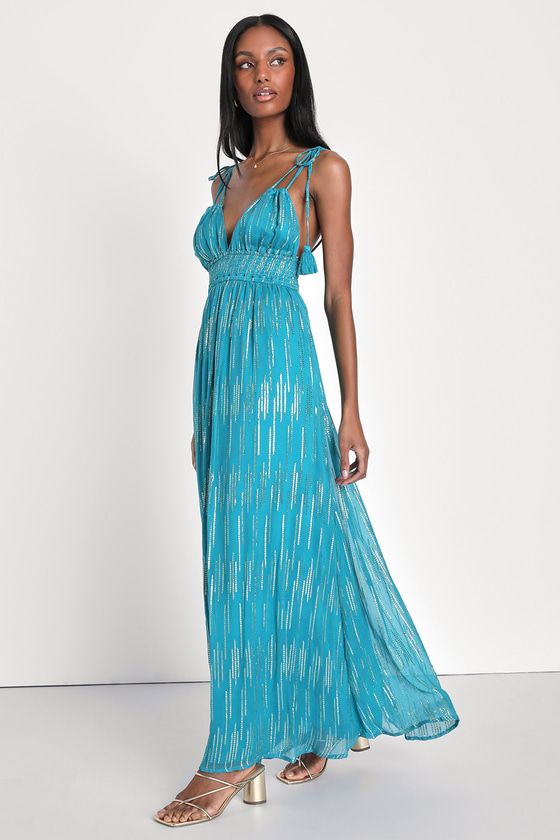 Sunshine Dreaming Teal Blue Lurex Striped Tie-Strap Maxi Dress | Lulus (US)