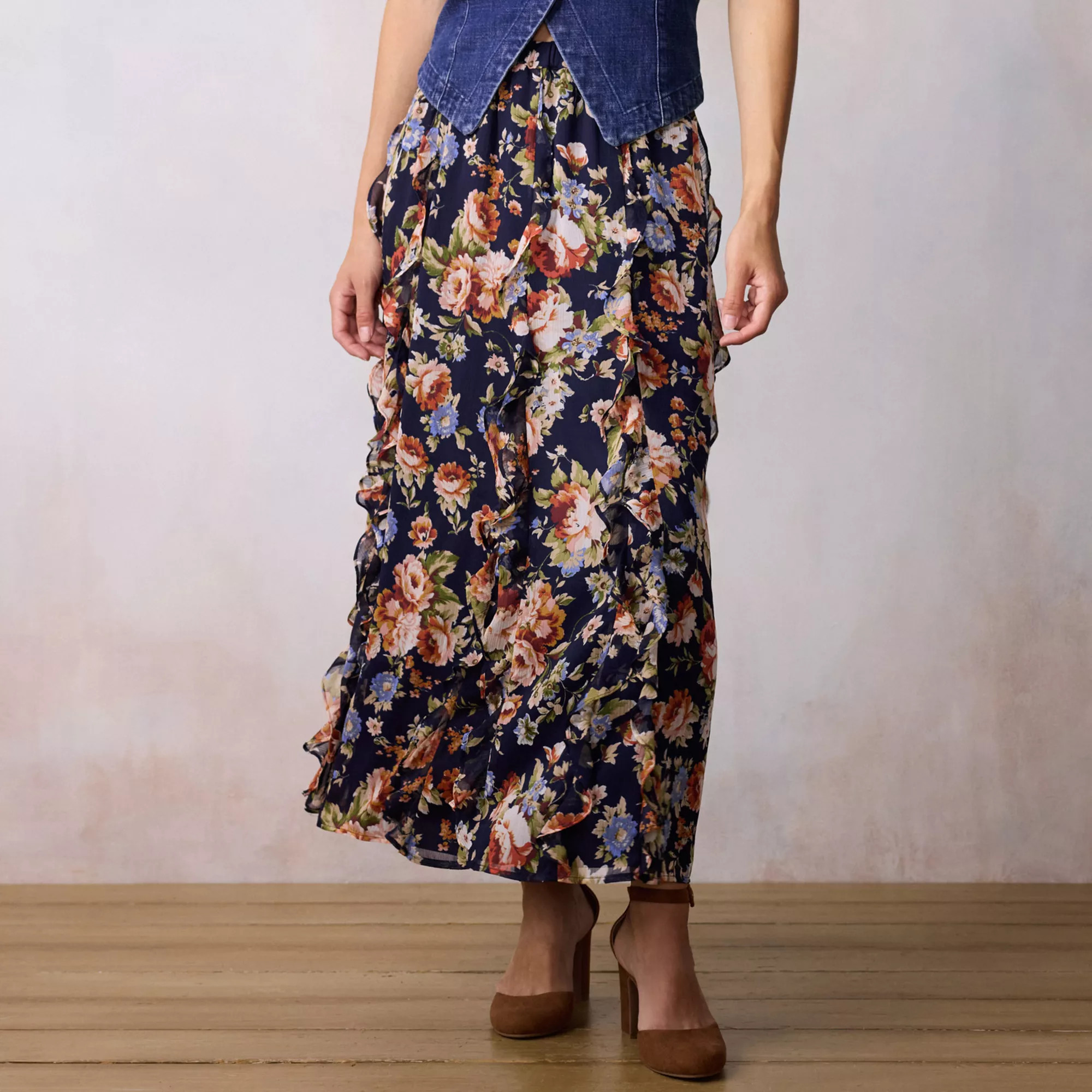 Women's LC Lauren Conrad High Rise Elastic Waistband Maxi Skirt, Size: Large, Blue Beatrix Blooms | Kohl's