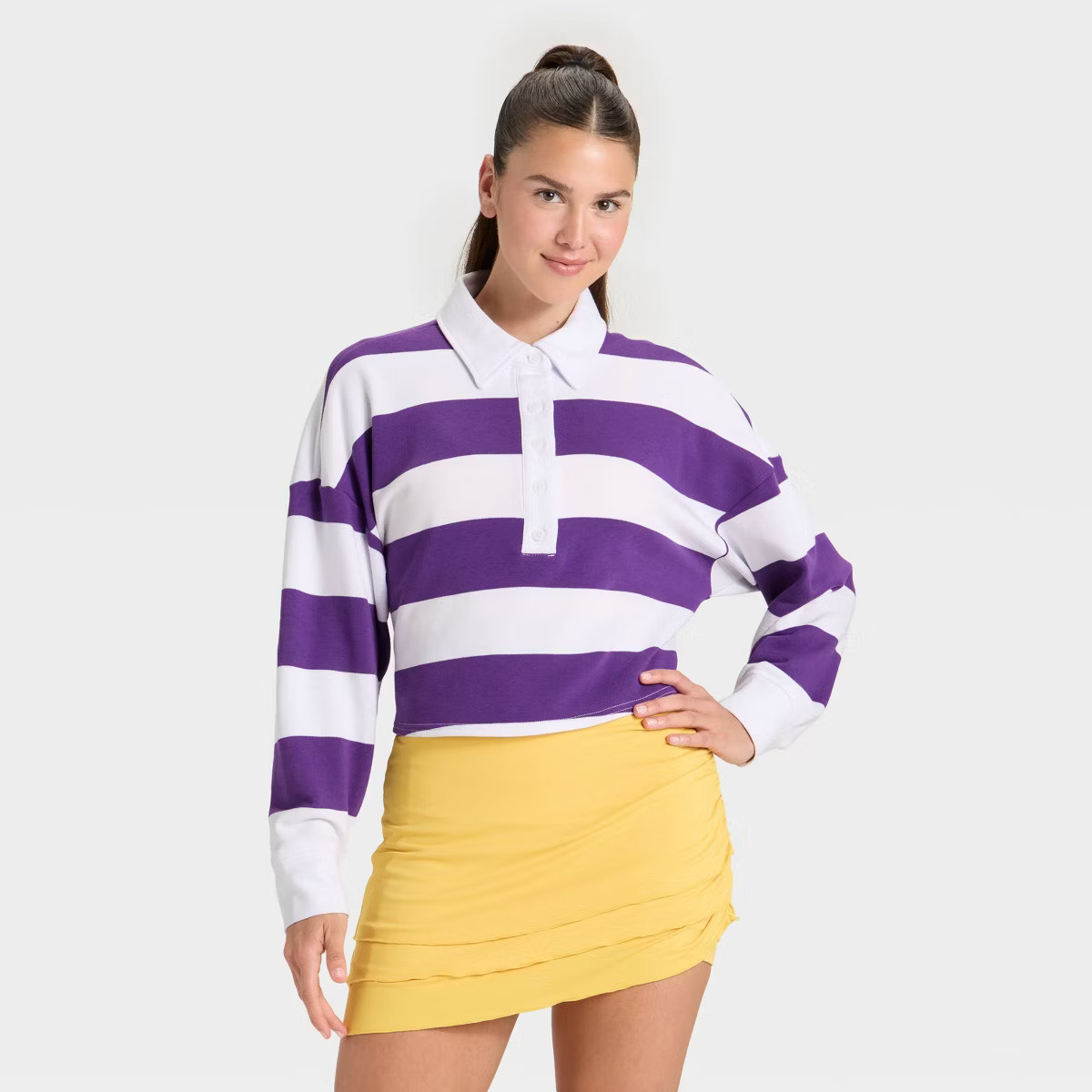 Women's Game Day Striped Cropped Long Sleeve Polo T-Shirt - JoyLab™ | Target