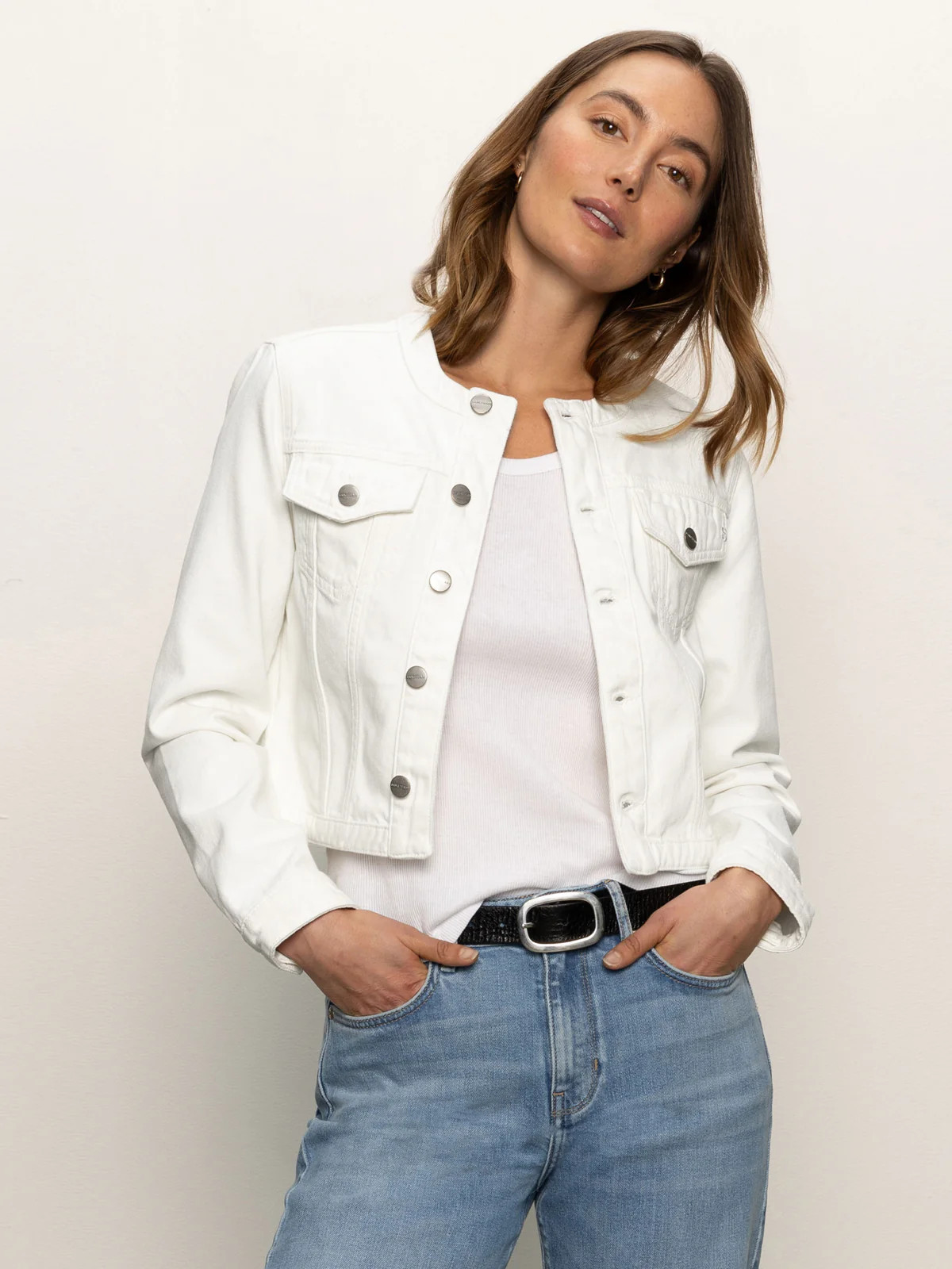 Denim Collarless Lady Jacket White | Sanctuary Clothing