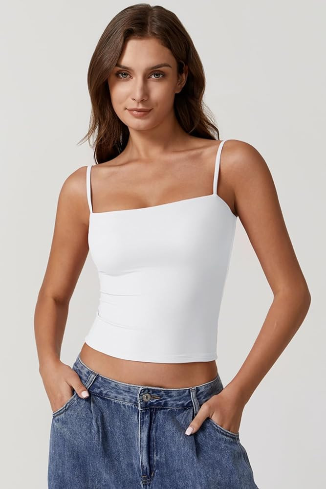 QINSEN Women's Double Lined Basic Tank Top Adjustable Spaghetti Straps Sleeveless Camisole Shirts | Amazon (US)