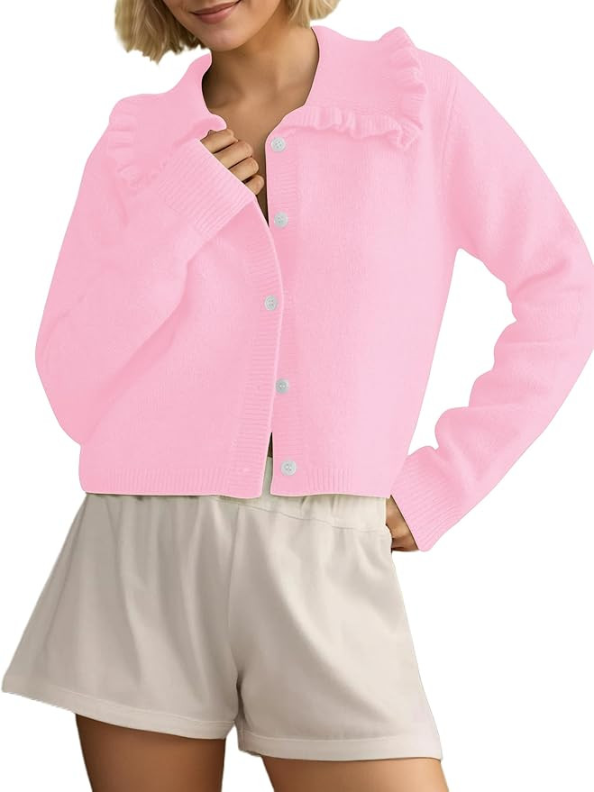 HOCANDY Womens Ruffle Collar Cardigan Sweater Button Up Open Front Fall Knit Jackets Cute Long Sl... | Amazon (US)