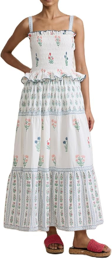 UAURORAO Women Floral Smocked Maxi Dress Frill Ruffle Tiered Flower Long Dresses Boho Flowy Vacat... | Amazon (US)