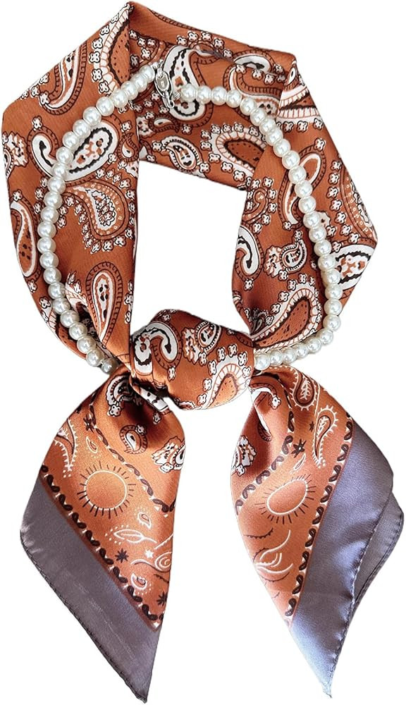 Silk Feeling Scarf For Women With Pearls Fashion Satin Head Neck Hair Scarves Lightweight Bandana... | Amazon (US)