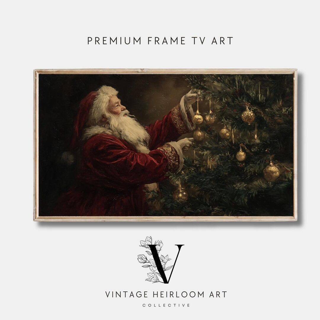 Santa Decorating Christmas Tree Frame TV Art, Vintage Holiday Painting, Rustic Modern Neutral Chr... | Etsy (US)
