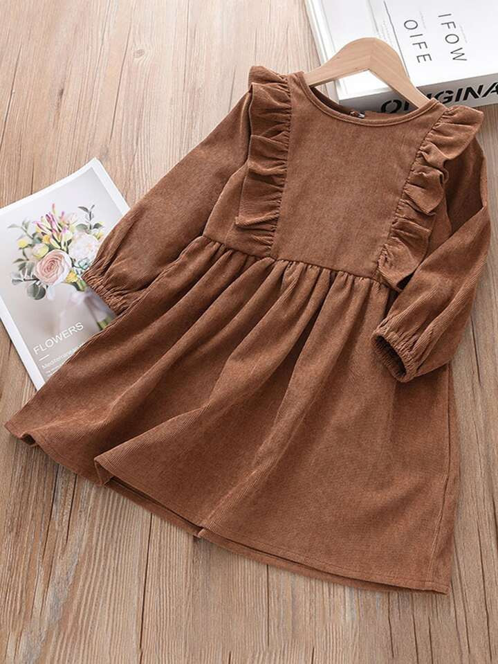 Young Girls' Casual Corduroy Dress With Ruffle Hem Long Sleeve, Spring/autumn | SHEIN