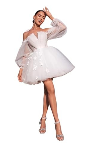 SoDigne Mini Puffy Sleeves Wedding Dresses for Bride 2025 V Neck Tulle A Line Prom Dress Short White Backless Off Shoulder Bridal Gowns for Women US10 | Amazon (US)