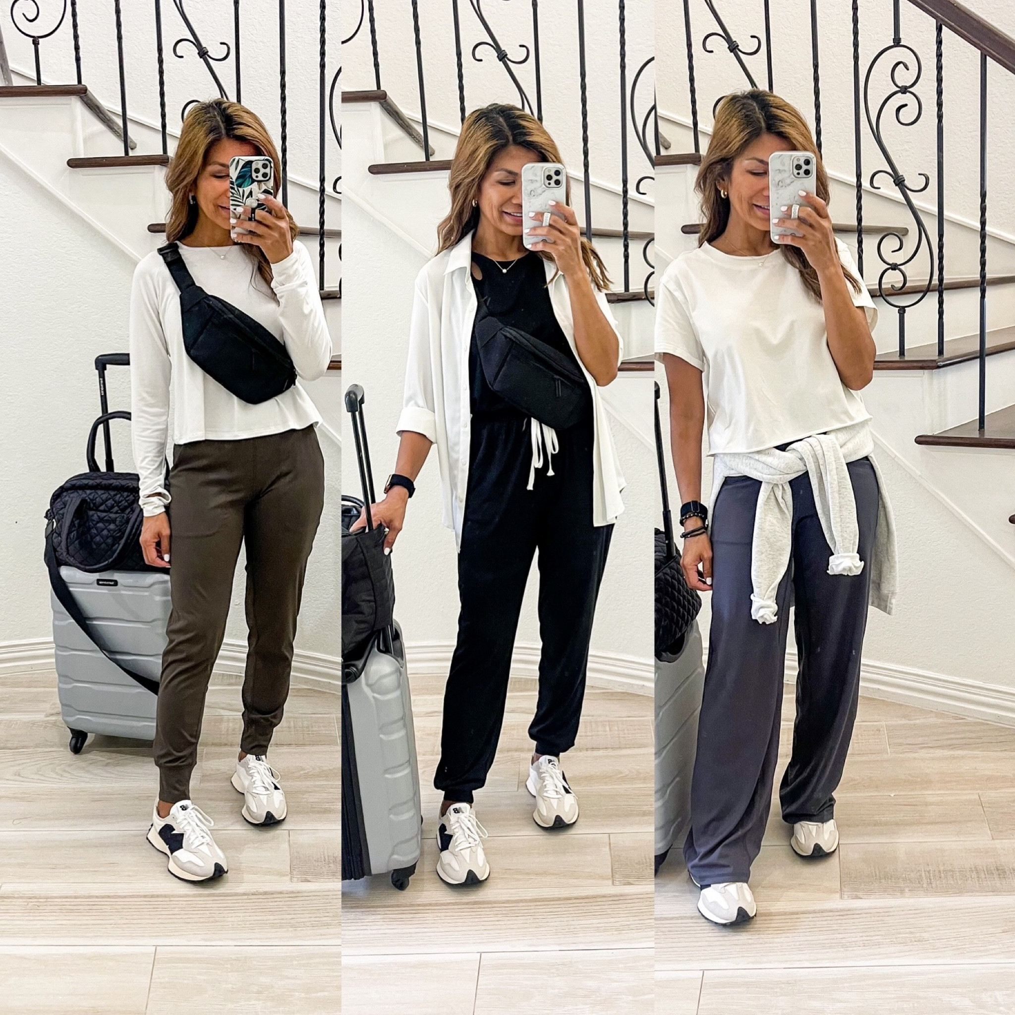 First outfit: top in small, pants in XS tts(very comfy).
Second Outfit: jumpsuit in small, tts; white button down in small tts(if you want a baggier fit size up).
3rd outfit: white tee in small tts;
Wide leg pants in small 30”(very comfy).
New Balance sneakers: fit tts.
Amazon finds, most of these on Prime Deals, casual outfits, travel outfits, airport outfits, white sneakers, petite fashion. 

#LTKunder100 #LTKunder50 #LTKFind