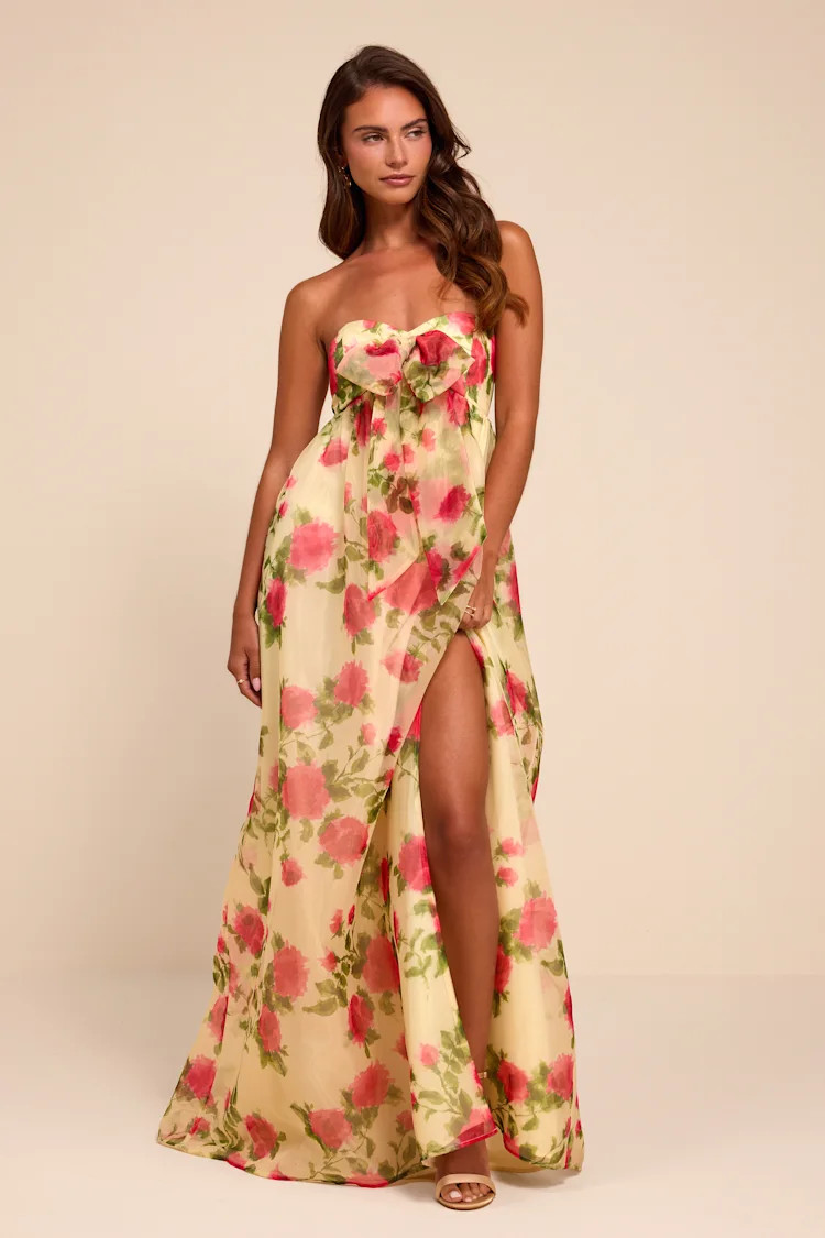 Ember Light Yellow Floral Organza Strapless Maxi Dress | Lulus
