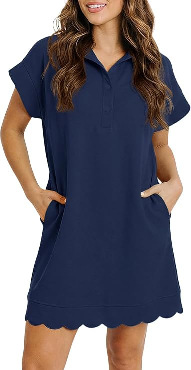 Fisoew Womens Summer T Shirt Mini Dress Short Sleeve Collared V Neck Button Loose Active Dresses ... | Amazon (US)