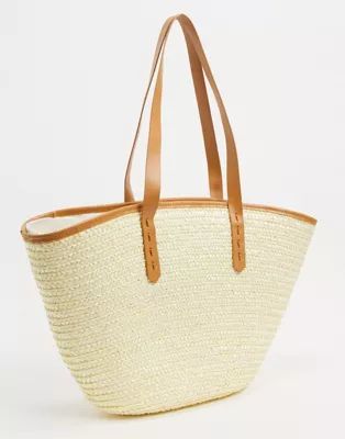 My Accessories London straw tote bag in natural with contrast faux leather handle | ASOS (Global)