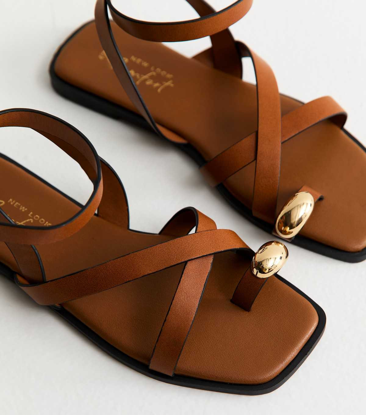 Tan Faux Leather Multi Strap Toe Ring Flat Sandals | New Look | New Look (UK)