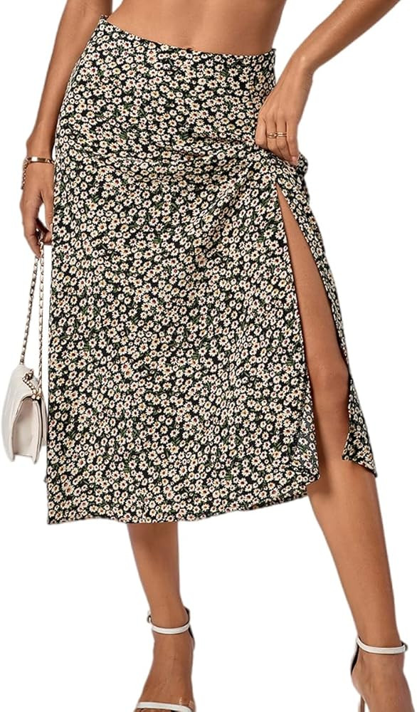 LYANER Women's Casual Boho Printed High Waist Side Split Hem Zipper Midi Skirt | Amazon (US)