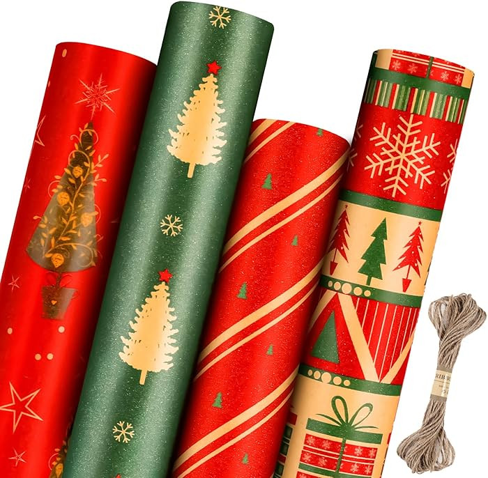 Panigkids Christmas Wrapping Paper(Including Jute Twine), 4 Rolls vintage wrapping paper with Geo... | Amazon (US)