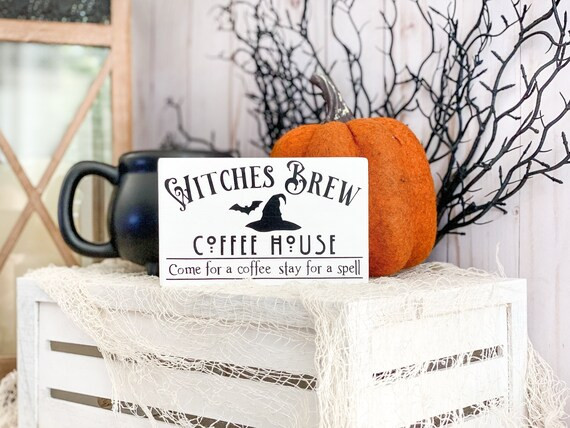 Witches Brew Coffee House mini wood sign for tiered trays | Halloween coffee bar home decor | Etsy (US)