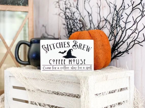 Witches Brew Coffee House mini wood sign for tiered trays | Halloween coffee bar home decor | Etsy (US)