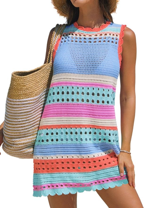 popvil Women’s Swimsuit Crochet Swim Cover Up 2026 Sleeveless Loose Bathing Suit Swimwear Mesh ... | Amazon (US)