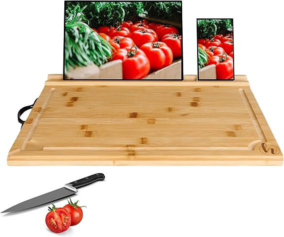 Hultzzzy Large Natural Thick Bamboo Cutting Board with Phone Ipad Tablet Stand 16" x 12" with Non... | Amazon (US)