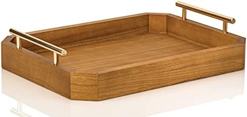 Jasius Wooden Ottoman Serving Tray - Paulownia Wood Platter Board with Gold Metal Handles for Bre... | Amazon (US)