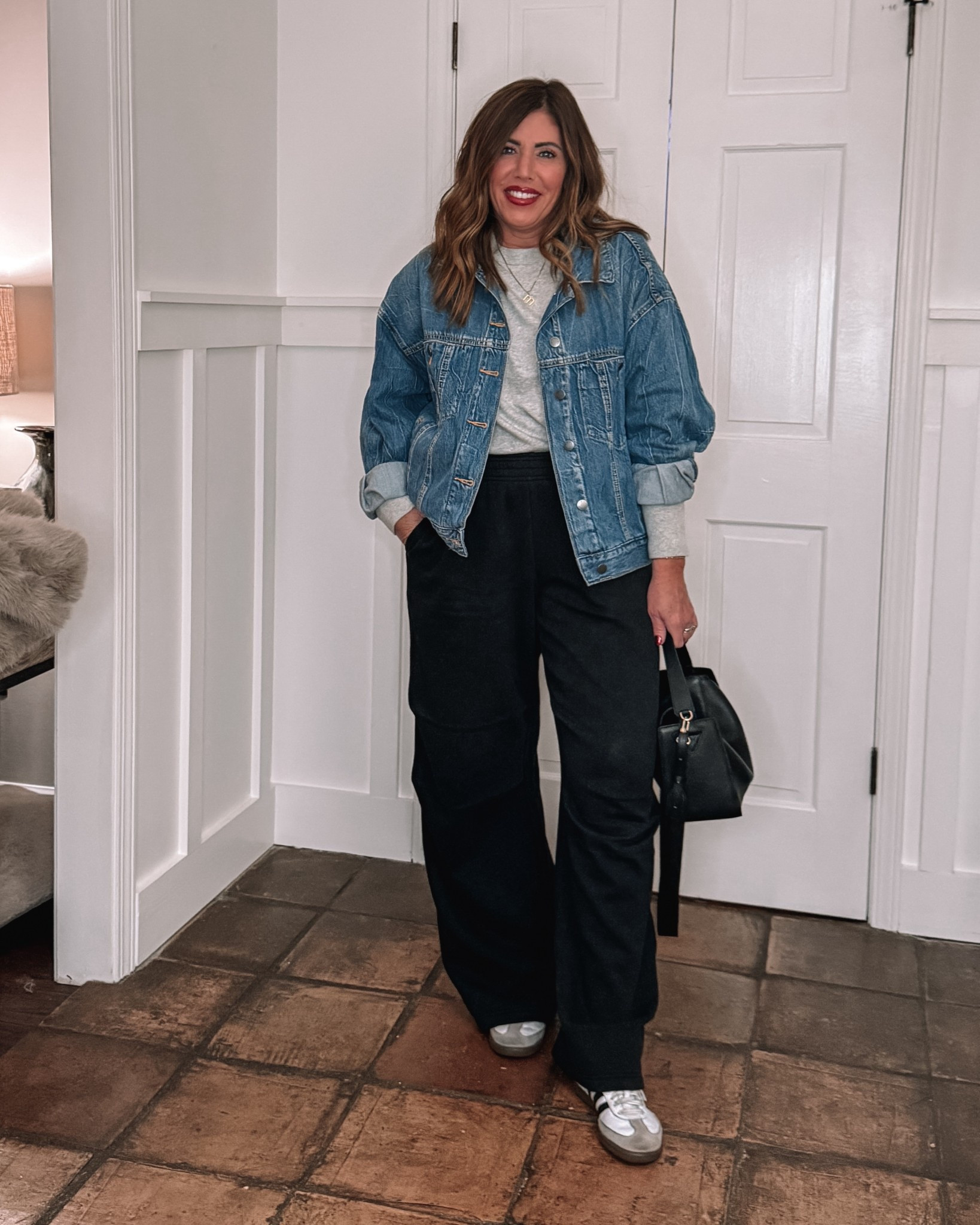 One of my favorite outfit combos !

The coziest slouchy wide leg sweatpants and stretchy jersey tee from aerie! i’m wearing a medium in the T-shirt and a small long in the sweatpants

Look for last denim jacket is from target. I’m wearing a large.

Italian pebbled leather Crossbody bag, and Adidas Samba’s to finish off this look!

#LTKSaleAlert #LTKFindsUnder50 #LTKOver40