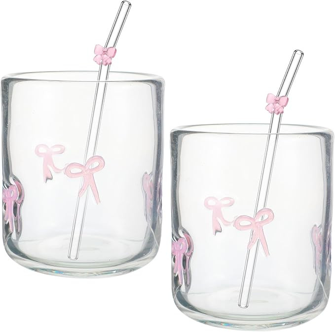 Skylety 2 Set Pink Bow Icon Juice Glass with Pink Bow Glass Straws Aesthetic Cup 14 Ounce Double ... | Amazon (US)