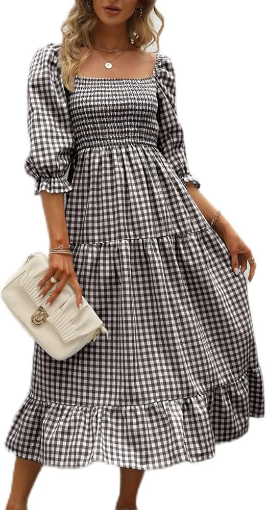 Jollycode Women's Summer Boho Plaid Puff Sleeves Midi Dress Casual Square Neck Smocked Flowy A Li... | Amazon (US)