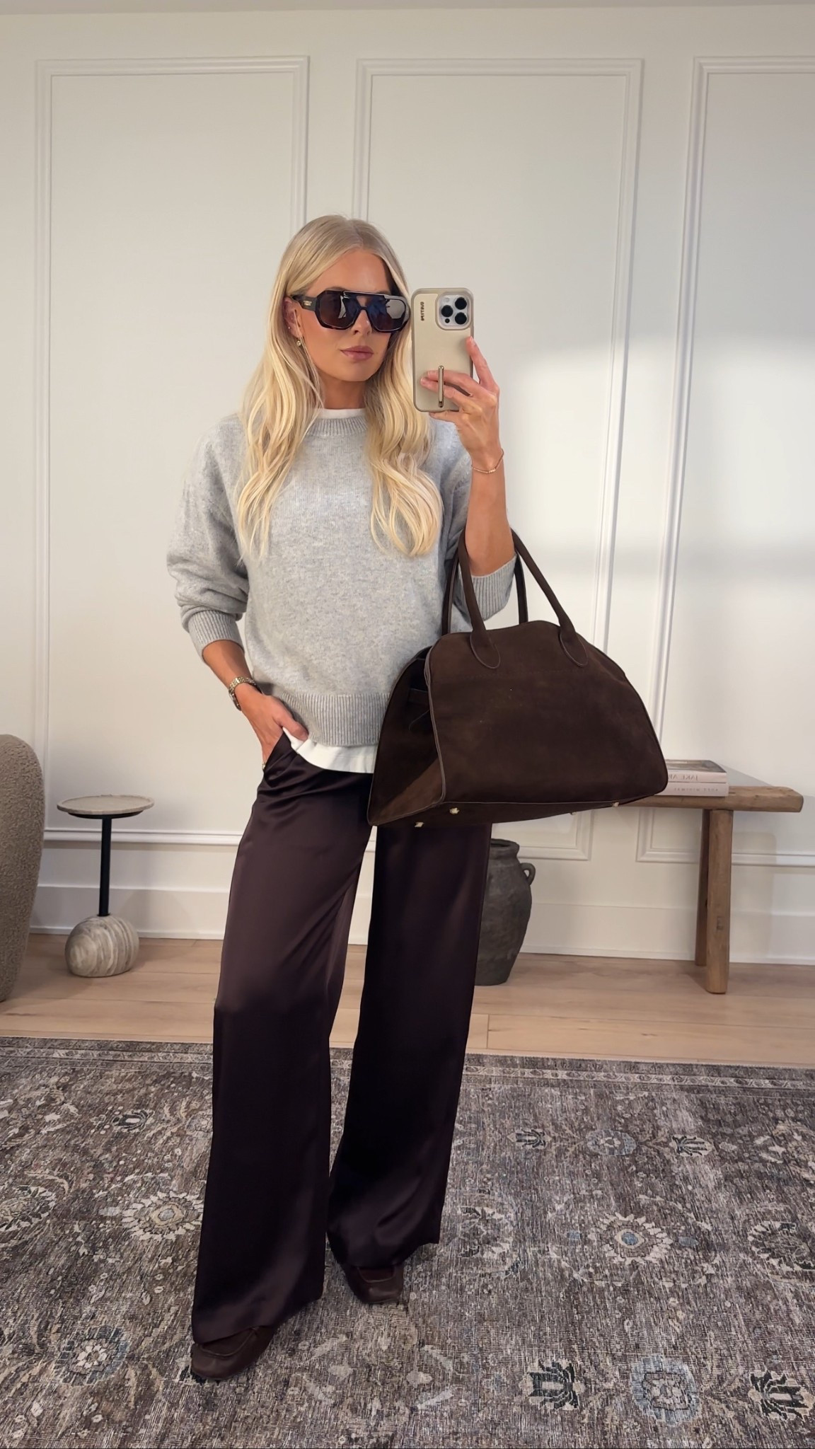 Wearing a size small in the white tee, medium in the sweater (heather chrome), small regular (rich mocha brown) in the pants, bag is size large color: coffee #kathleenpost

Early fall outfit, satin pants, lightweight sweater, easy outfitt

#LTKSeasonal
