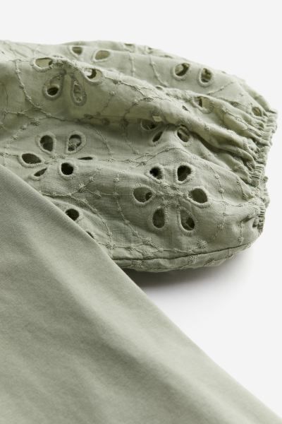 Top with Eyelet Embroidered Sleeves - Sage green - Ladies | H&M US | H&M (US + CA)